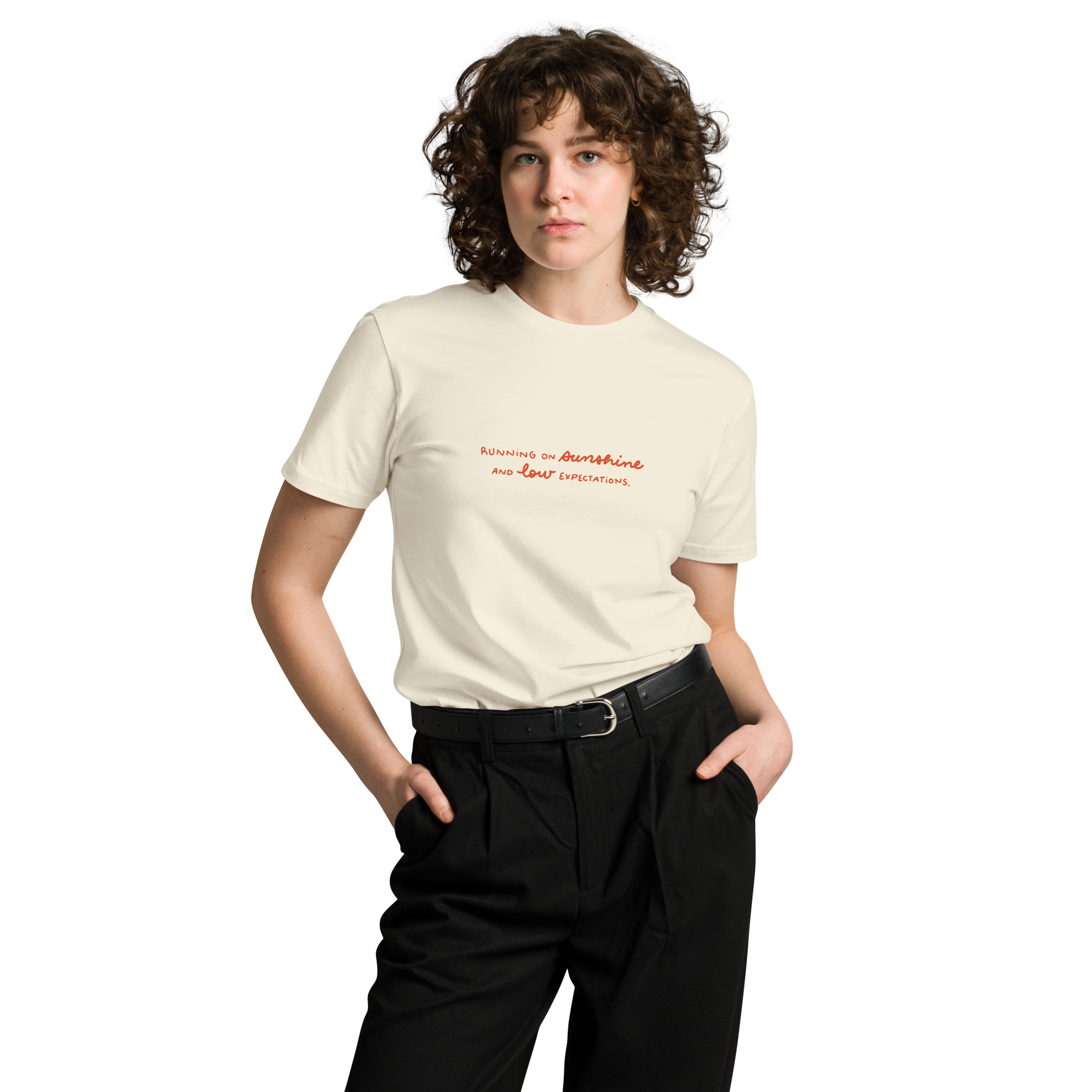 Running on sunshine premium t-shirt in Ivory.